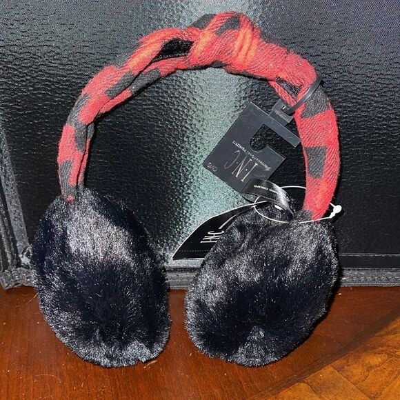NWT INC International Concepts Buffalo Check Top Knot Faux Fur Earmuffs - Picture 2 of 3